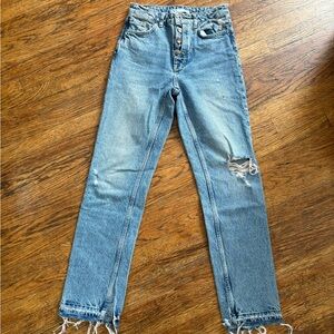 Zara Button Fly High Rise Straight Denim Raw Hem Distressed Jeans